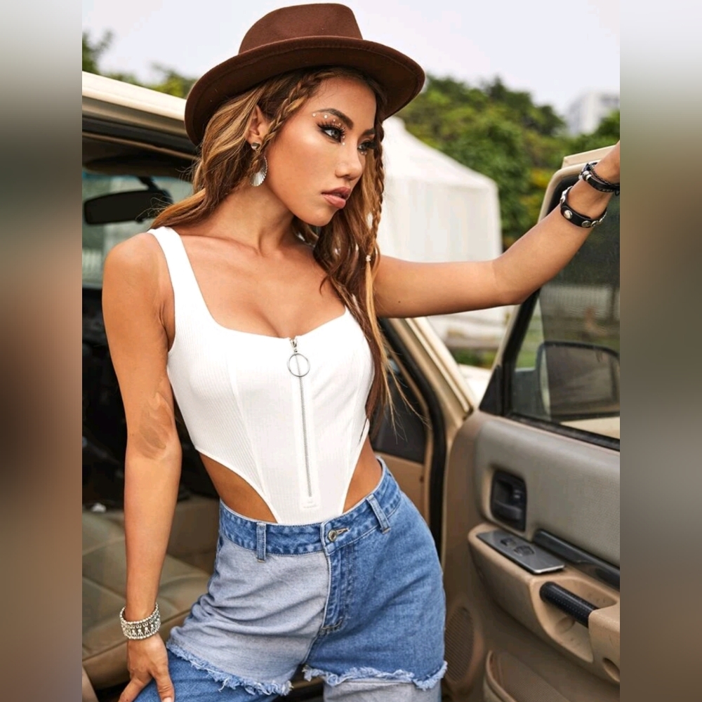 White O-Ring Zipup Bodysuit